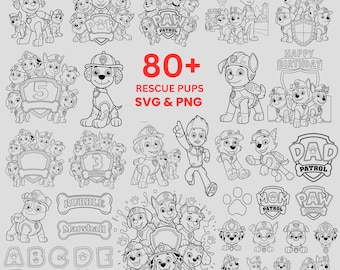 Pacchetto di oltre 80 immagini SVG e PNG di cuccioli salvati, clipart di cani in stile cartone animato, perfette per feste per bambini.