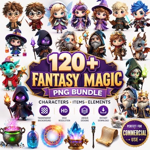 Pacchetto di clipart Chibi Mago Strega 120+ PNG Fantasy Magic per adesivi a sublimazione