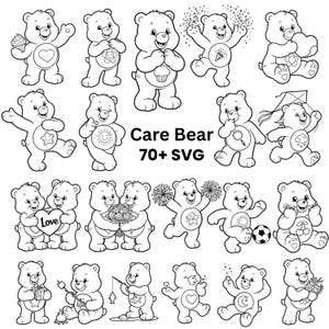 以下が含まれることがあります： 様々なポーズやアクティビティをとるケアベアのキャラクターを描いた白黒の線画イラスト集。画像中央には「Care Bear 70+ SVG」というテキストが配置されており、それぞれのキャラクターの腹部にある多様なバッジのデザインが描かれています。
