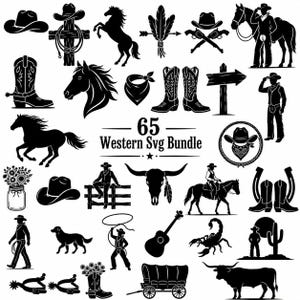 Puede incluir: Una colección de 65 iconos de silueta negra con temas del oeste, que incluyen sombreros de vaquero, botas, caballos, un cráneo de buey, una guitarra, una carreta, cactus y figuras de personas con vestimenta vaquera sobre fondo blanco.