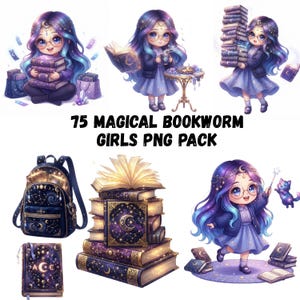 Puede incluir: Una colección digital de 75 magical bookworm girls PNG pack con ilustraciones de personajes con cabello azul y morado, libros con temática celestial, mochilas y elementos mágicos. El texto 75 MAGICAL BOOKWORM GIRLS PNG PACK está centrado.