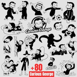 Op de afbeelding: Een verzameling zwart-witillustraties met Curious George in verschillende houdingen, waaronder met een hart, een banaan, een voetbal en een mand met appels. De set bevat de tekst Curious George en Fast & Curious.