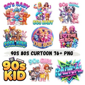 May include: A collection of digital stickers featuring 80s and 90s cartoon characters, retro toys, and vibrant text graphics including 80s BABY, COOL KIDS, THE 80s, 90s KID, 90s GIRL, and RADICAL. The set includes various colourful illustrations.