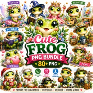 May include: A digital collection of over 80 frog illustrations featuring various themes including a fairy, a wizard, a painter, a chef, a basketball player, and a holiday frog, with the text Cute FROG PNG BUNDLE 80+ PNG displayed centrally.