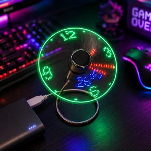 Może przedstawiać: Przenośny wentylator z zegarem LED zasilany przez USB, wyposażony w elastyczną srebrną metalową szyjkę i okrągłą podstawę. Wirujące łopatki wentylatora wyświetlają świecące zielone cyfry oraz czerwone i niebieskie wskaźniki świetlne czasu.