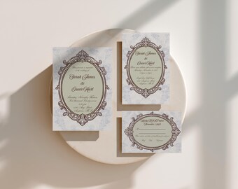 Editable Blue Damask Baroque Wedding Invitation Suite (Canva Template)