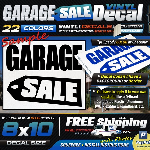 8x10 (1) GARAGE SALE Sign for Substrate like D-Board (MEDIUM) 1 Color Vinyl Decal