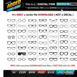 Peut inclure: Un téléchargement numérique de 36 illustrations vectorielles en noir et blanc de différents styles de lunettes. Les illustrations sont disposées en six rangées de six. Le texte "It's ONLY a vector file DOWNLOAD (NOT a DECAL)" est en haut de l'image.
