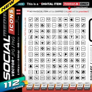 Può includere: Un download digitale di 112 icone di social media in bianco e nero. Le icone sono disposte in una griglia con un bordo nero. Le icone sono di forma quadrata. Il testo "NEW SOCIAL MEDIA ICONS" è nell'angolo in alto a sinistra dell'immagine. Il testo "Download ONLY INSTANT" è nell'angolo in alto a destra dell'immagine. Il testo "INFO: After purchase DOWNLOAD from Etsy a TEXT FILE with the LINK" è nell'angolo in basso a sinistra dell'immagine. Il testo "SQUARE (BORDER) ICON SHAPE" è nell'angolo in basso a destra dell'immagine.