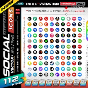 May include: A collection of 112 social media icons in black and white circles on a white background. The icons are arranged in a grid and include popular platforms such as Facebook, Twitter, Instagram, and YouTube. The icons are available in JPG, PNG, AI, CDR, DXF, EPS, PDF, PLT, and SVG formats.