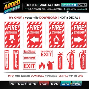 May include: A set of 10 red and white fire extinguisher and exit signs. The signs feature different directional arrows, fire extinguisher symbols, and the words "Fire Extinguisher" and "Emergency Exit".
