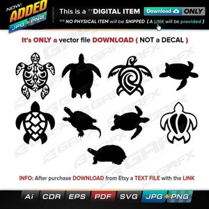 May include: Set of nine black and white turtle silhouette vector illustrations. The turtles have different designs on their shells, including a swirl, a geometric pattern, and a simple outline. The text "It's ONLY a vector file DOWNLOAD (NOT a DECAL)" is at the top of the image.