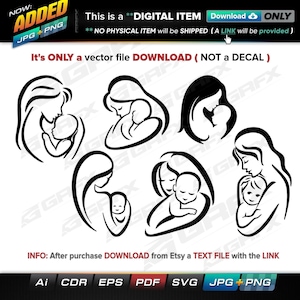 Op de afbeelding: Een set van zwart-witte vectorillustraties van moeders die baby's vasthouden. De illustraties zijn in een eenvoudige, gestileerde vormgeving. De tekst "It's ONLY a vector file DOWNLOAD (NOT a DECAL)" is opgenomen in de afbeelding.