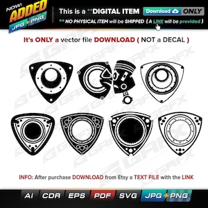 May include: A digital download of a vector file featuring six different black and white illustrations of a rotary engine symbol. The symbol is a stylized triangle with a circle inside. The illustrations are in various styles, including a full circle, a half circle, and a quarter circle. The text "DOWNLOAD (NOT a DECAL)" is included in the image.