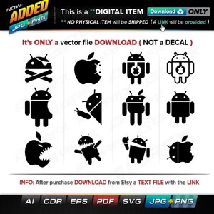 May include: A set of 12 black and white vector illustrations of an Android robot and an Apple logo. The illustrations show the Android robot biting into the Apple logo, and the Apple logo biting into the Android robot. The illustrations are in a grid format.