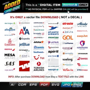 52 vectores de logotipos de aerolíneas ai, cdr, eps, pdf, svg y también jpg, png - Descarga instantánea - 369 archivos en TOTAL (9 carpetas)