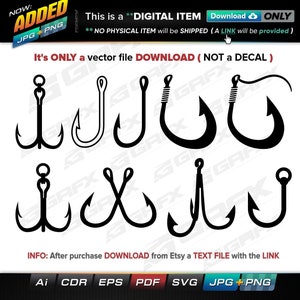 May include: Set of nine black and white fishing hook illustrations. The hooks are in various styles, including single, double, and treble hooks. The hooks are isolated on a white background.