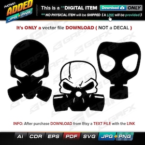 Pode incluir: Três desenhos de caveiras com máscara de gás em preto e branco. Os desenhos estão em formato vetorial e podem ser baixados como arquivo digital.