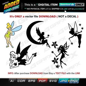 Puede incluir: Cuatro ilustraciones digitales de hadas. Un hada está sentada en una luna creciente, otra está volando con una varita mágica y dos están sentadas en el suelo. Todas las hadas son siluetas negras.