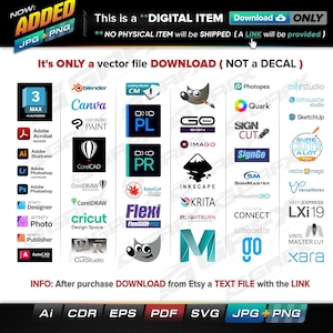 Könnte beinhalten: Eine Grafik, die eine Liste von Softwareprogrammen zeigt, die mit Vektor-Dateien kompatibel sind. Zu den Programmen gehören Adobe Illustrator, Photoshop, Affinity Designer und mehr. Der Text "It's ONLY a vector file DOWNLOAD (NOT a DECAL)" befindet sich oben auf der Grafik. Der Text "INFO: After purchase DOWNLOAD from Etsy a TEXT FILE with the LINK" befindet sich unten auf der Grafik. Der Text "Ai CDR EPS PDF SVG JPG+PNG" befindet sich unten auf der Grafik.
