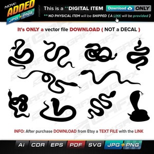 Op de afbeelding: Een digitale download van acht zwarte slangen silhouetten in verschillende poses. De tekst "It's ONLY a vector file DOWNLOAD (NOT a DECAL)" staat bovenaan de afbeelding.