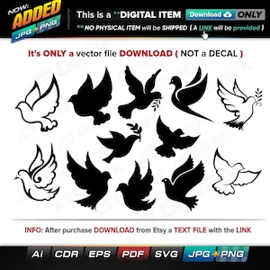 May include: A set of 10 black and white dove silhouettes. The doves are in various poses, some with olive branches in their beaks. The image is a digital download, not a physical decal.