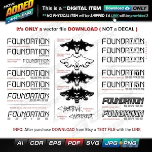 May include: A digital download of a vector file for a "Foundation Series" logo featuring a stylized wolf head design. The logo is available in various styles, including with and without a Tesla logo, with different font sizes and spacing, and with a shadow effect. The image also includes a Cybertruck logo.