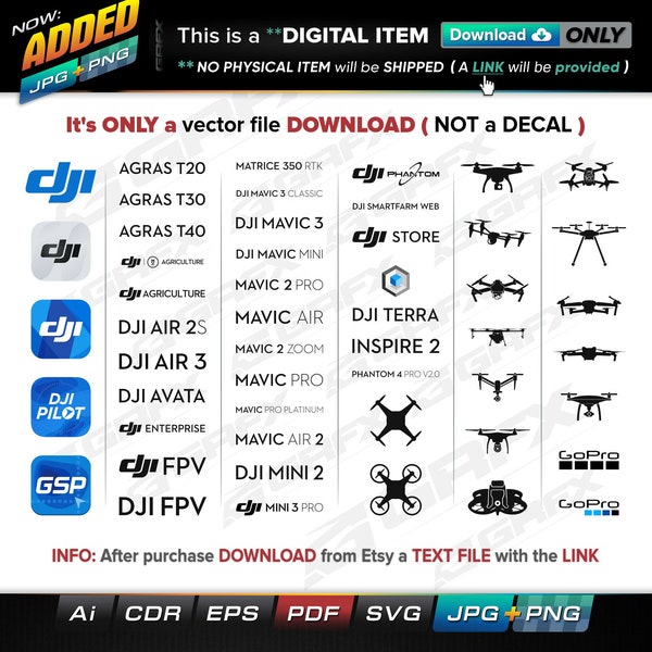 50 DJI Drones Logos +BONUS Vectors ai, cdr, eps, pdf, svg - Instant Download -- 352 Files TOTAL (9 Folders)