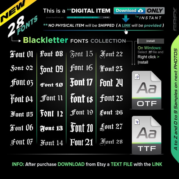 28 Blackletter FONT Collection ready to install on Windows / Mac - Instant Download -- 28 Files TOTAL (1 .zip)