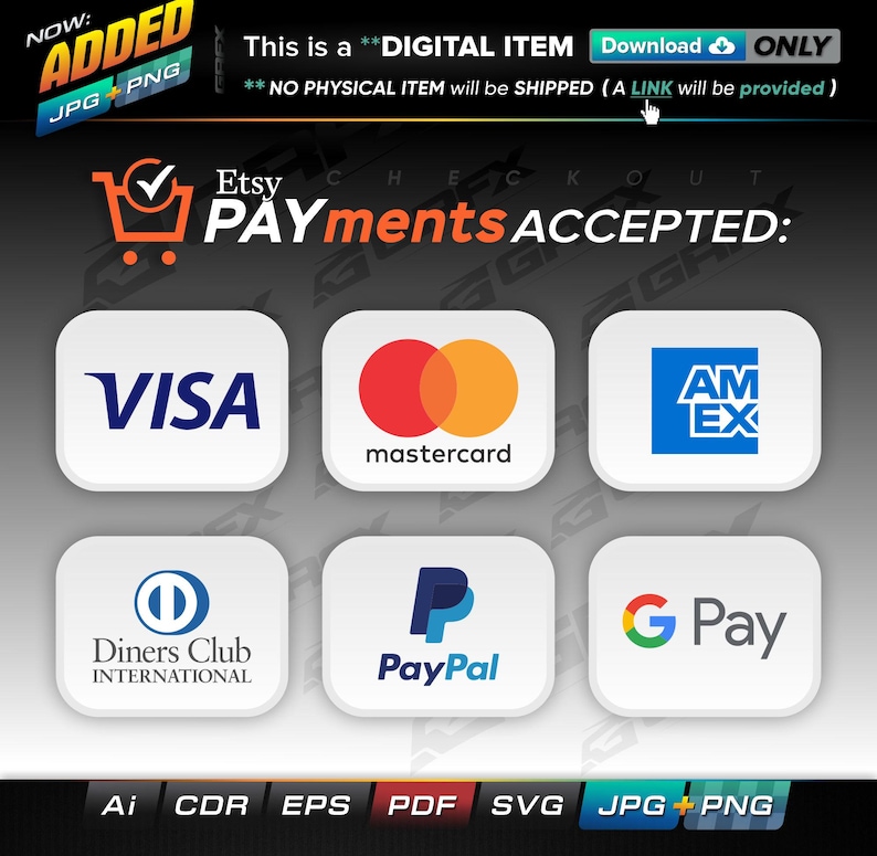 Puede incluir: Un gr&aacute;fico de descarga digital que muestra los distintos m&eacute;todos de pago aceptados, incluyendo Visa, Mastercard, American Express, Discover, PayPal y Google Pay. El texto "Etsy Payments Accepted" se muestra encima de los iconos de pago.