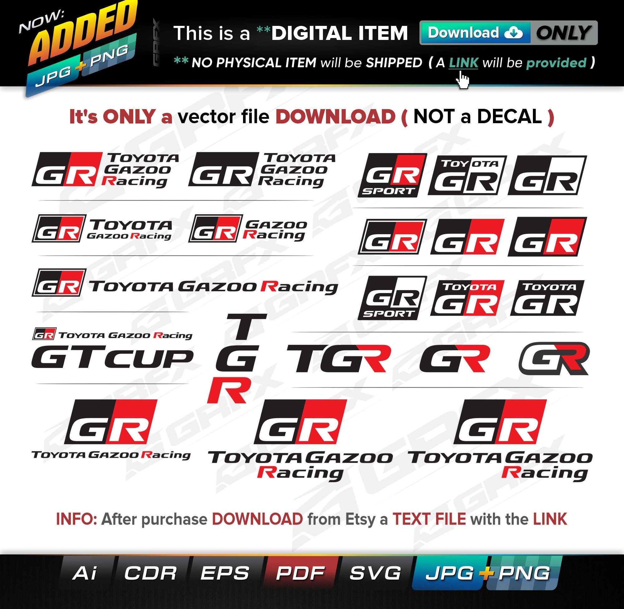 22 Toyota Gazoo Racing Vectors ai, cdr, eps, pdf, svg and also jpg, png - Instant Download -- 159 Files TOTAL (9 Folders)