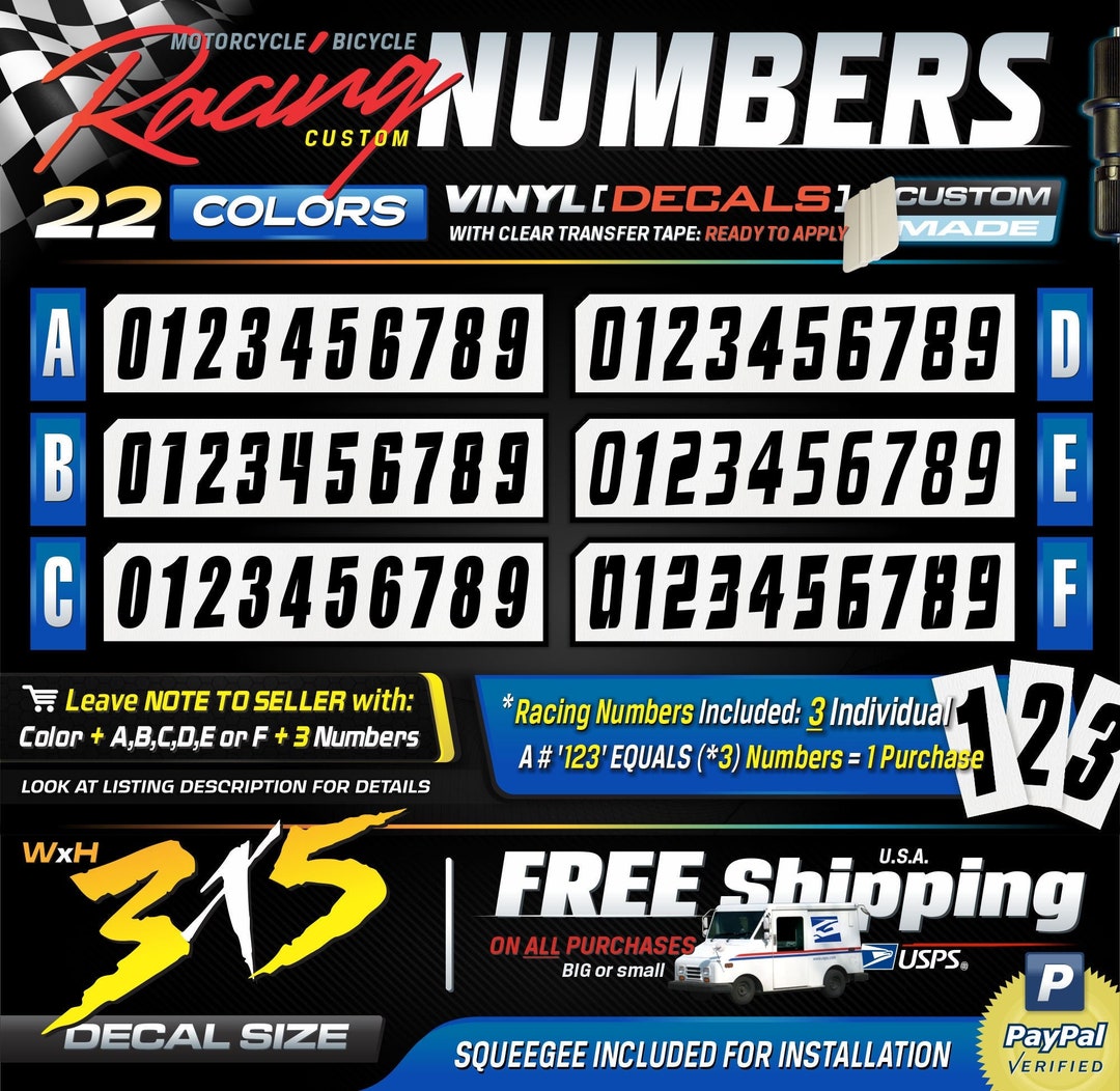 3x5 (3) Racing Numbers Vinyl Decal for Motorcycle, Bicycle ( MEDIUM ...