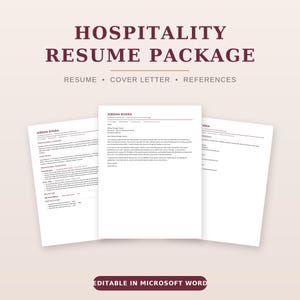 May include: A hospitality resume package featuring three white documents titled Hospitality Resume Package, Resume, Cover Letter, References. The pages display text for Jordan Rivera, including professional summary, skills, experience, and education.