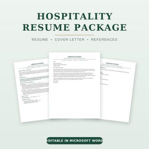 Modern Green Hospitality Resume Package | ATS Friendly CV, Cover Letter (Word)