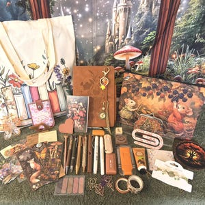 Puede incluir: Un conjunto de artículos de papelería que incluye una bolsa de tela con estampado de libros y flores, un cuaderno marrón con un dije de metal, un estuche con ratones y moras, varios bolígrafos, marcapáginas con arte natural y clips de papel.