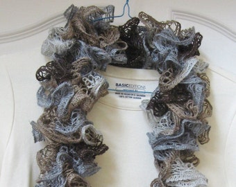 Crocheted Tan, Brown and shades of Gray Ruffle Scarf-