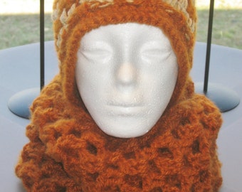 Chunky & Warm Rust Colored Crocheted Cowl and Hat Set