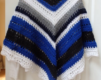 Custom Designed and Crocheted Royal Blue, Black, White & Gray Wrap/Shawl- for ALL SEASONS