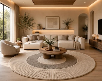 Tapis rond en laine tuftée à la main – Beige, motif vagues abstraites