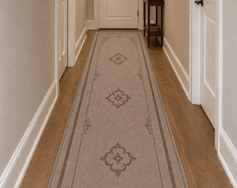 Neutral Beige Runner Rug: Washable, Non-Slip, Vintage Pattern Hallway Carpet