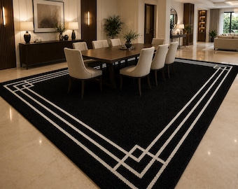 Schwarz-weißer Geometrischer Plüschteppich, Moderner Minimalistischer Teppich, Weicher Luxusteppich