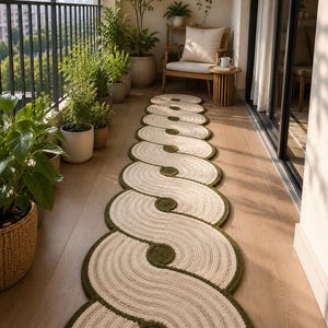 Handmade Yin Yang Runner Rug, Tufted Boho Crochet Hallway Carpet, Neutral Cream Olive Green
