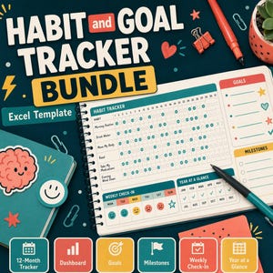 Habit and Goal Tracker Bundle | Full-Year Habit Tracker Spreadsheet with Goals, Milestones and Weekly Check-Ins | Excel + Google Sheets