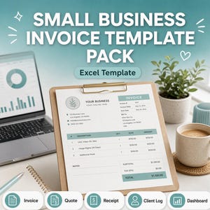 Puede incluir: Un paquete de plantillas de facturas para pequeñas empresas en Excel que se muestra en un portapapeles. El documento incluye un logotipo, datos de contacto de la empresa y una tabla con columnas para descripción, cantidad, tarifa y monto, con un total de $1,100.00.