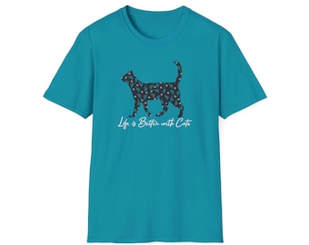 Floral Silhouette Cat T-Shirt | Botanical Kitty Tee, Lightweight Cotton