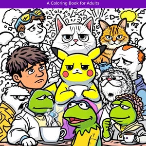 May include: A colouring book titled THROWBACK VIRAL MEMES A Coloring Book for Adults with a cover illustration featuring various cartoon characters, cats, and internet meme figures in a dense, black-and-white line art style with some colour accents.