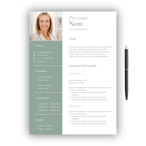 May include: A professional resume template featuring a sage green sidebar, a placeholder photo of a person, and sections for contact, education, skills, and languages. The document includes text headers like Prénom Nom and a black ballpoint pen.
