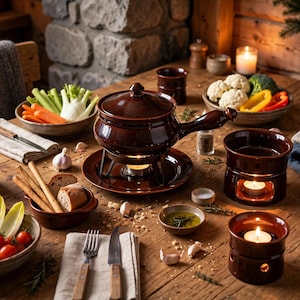 Könnte beinhalten: Ein dunkelbrauner Keramik-Fonduetopf mit Deckel und Griff steht auf einem passenden Stövchen mit Teelicht. Das Set enthält drei weitere Keramik-Stövchen sowie Schalen mit frischem Gemüse, Brot und Öl.
