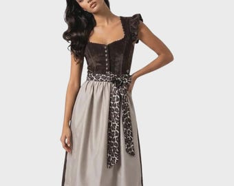 Brown Velvet Dirndl Dress Beige Skirt Leopard Sash Set