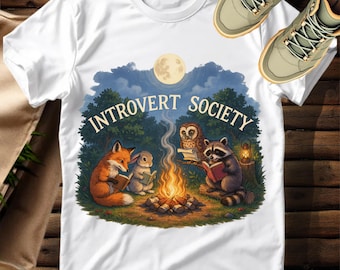 Introvert Society T-Shirt, Cozy Bookish Animals Reading by Campfire, Woodland Forestcore Tee, Reader Quiet Club Shirt